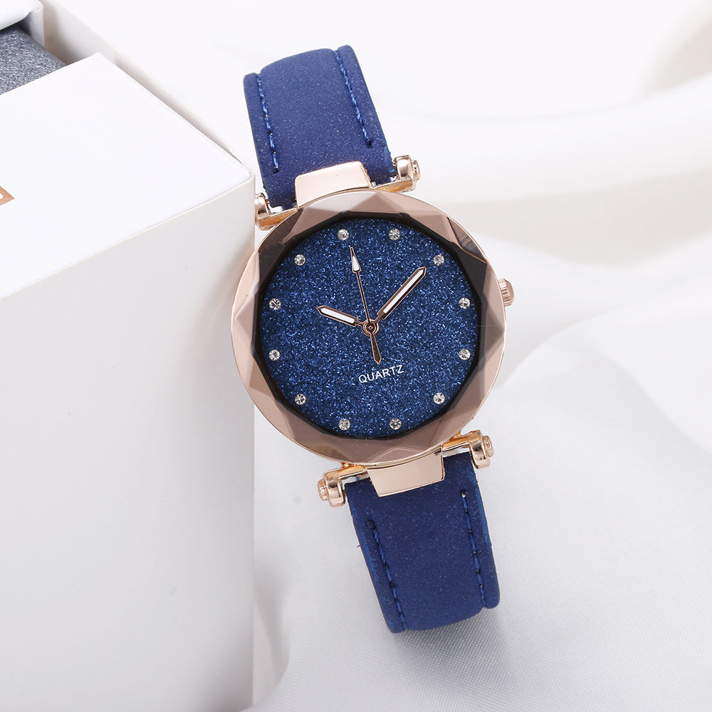 Women Casual Romantic Rhinestone Starry Sky Wrist Watch With Leather Strap