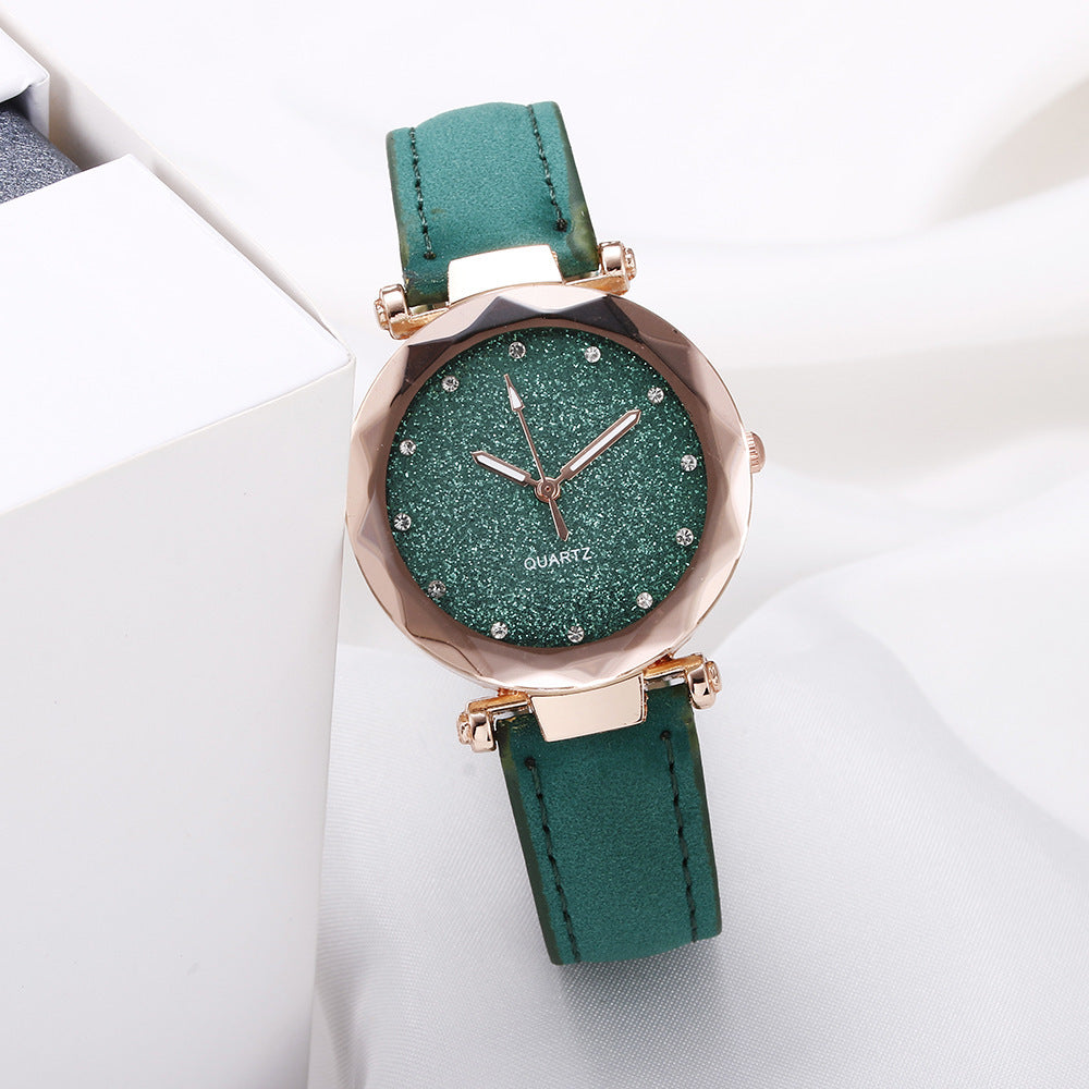 Women Casual Romantic Rhinestone Starry Sky Wrist Watch With Leather Strap