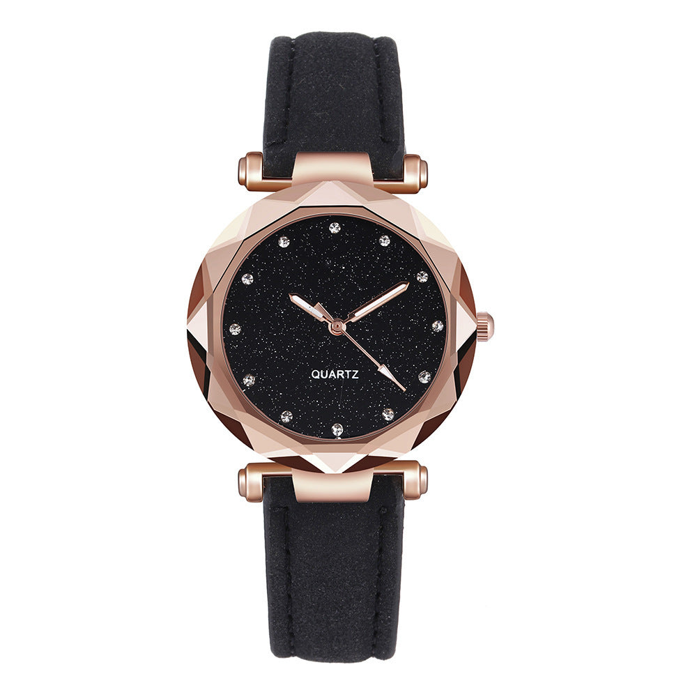 Women Casual Romantic Rhinestone Starry Sky Wrist Watch With Leather Strap