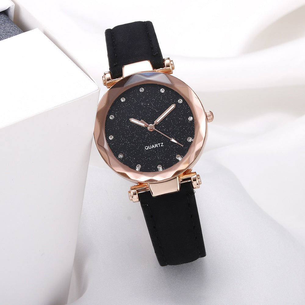 Women Casual Romantic Rhinestone Starry Sky Wrist Watch With Leather Strap