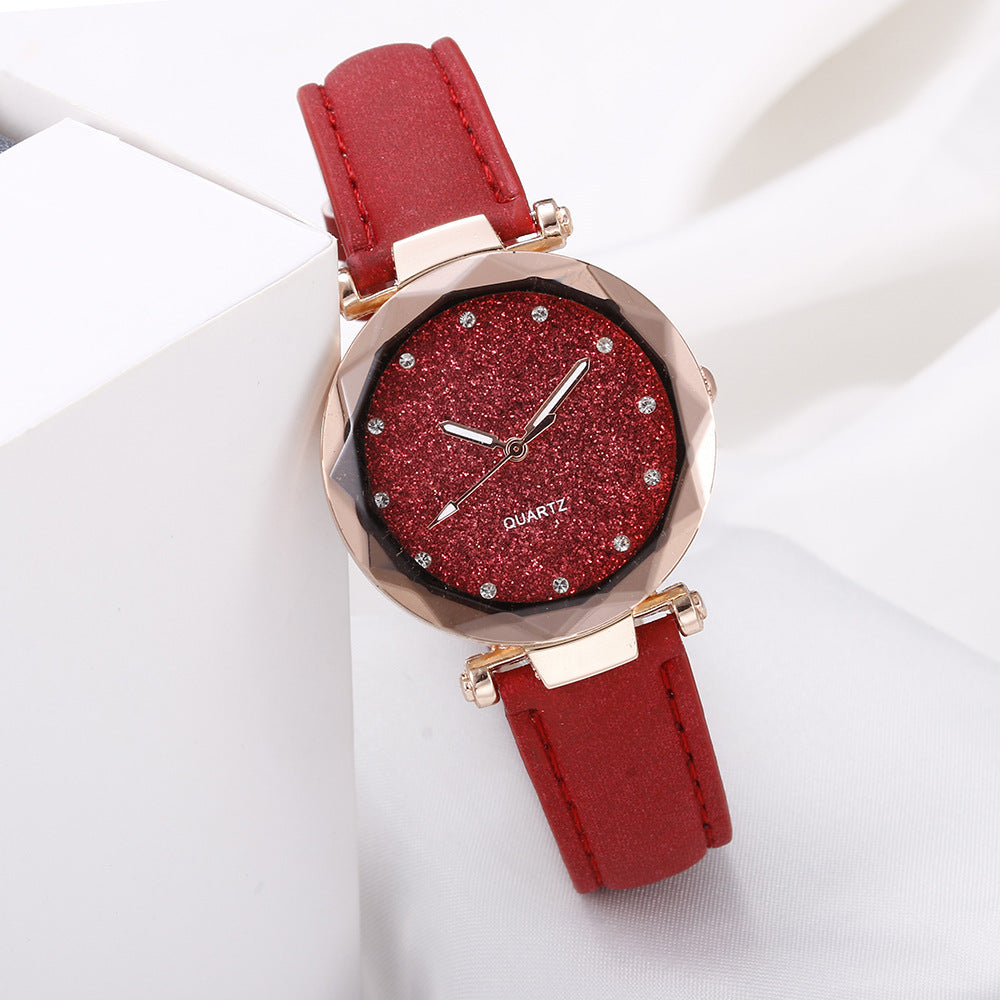Women Casual Romantic Rhinestone Starry Sky Wrist Watch With Leather Strap