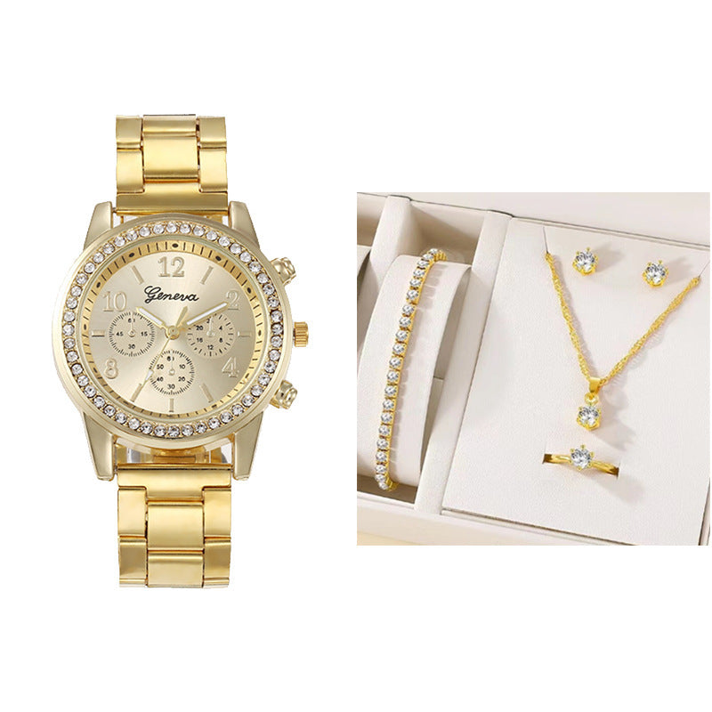 Elegant Crystal Diamond Quartz Watch For Women With Jewellery Set