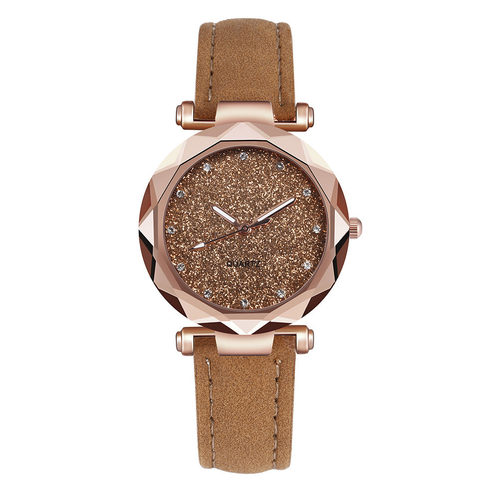 Women Casual Romantic Rhinestone Starry Sky Wrist Watch With Leather Strap