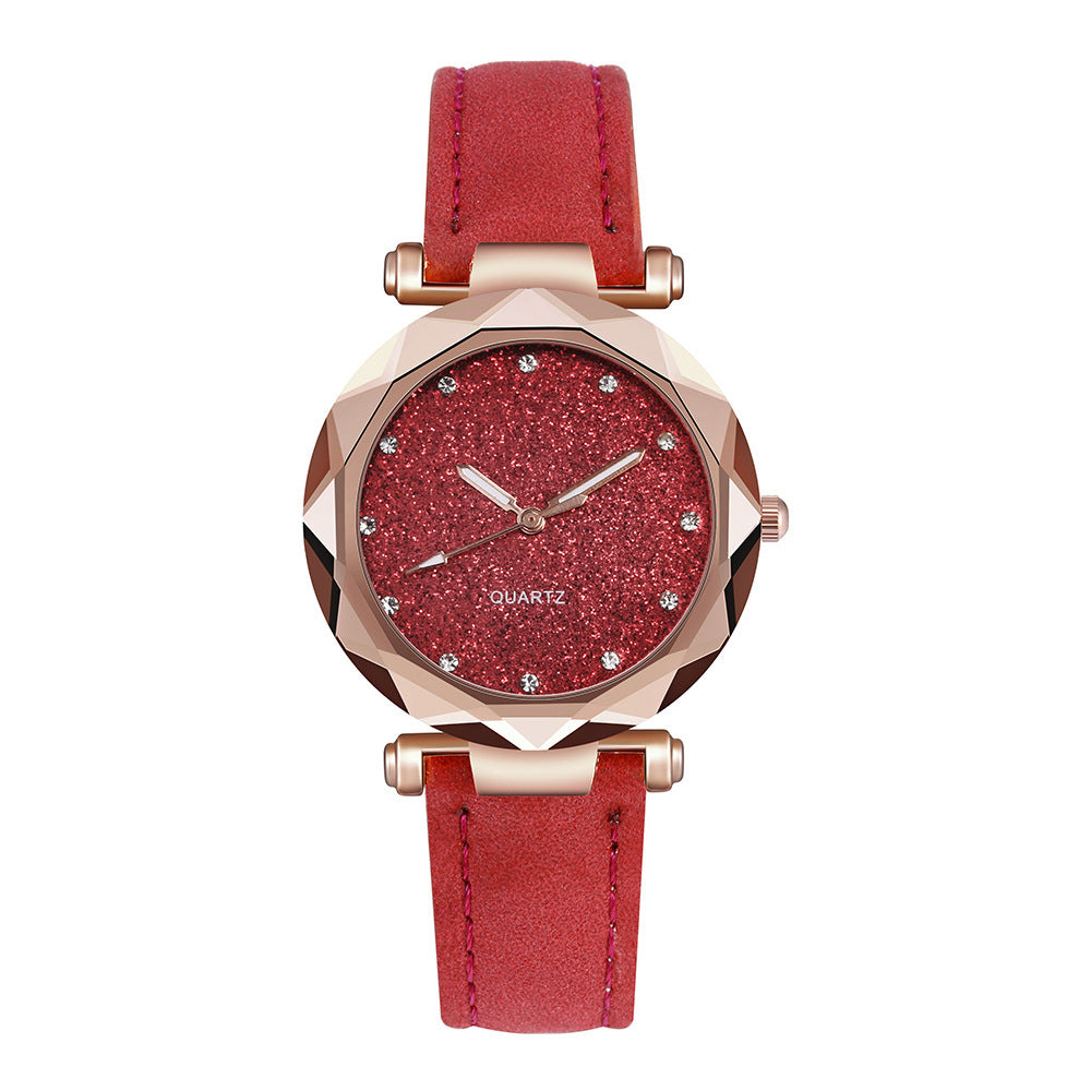Women Casual Romantic Rhinestone Starry Sky Wrist Watch With Leather Strap