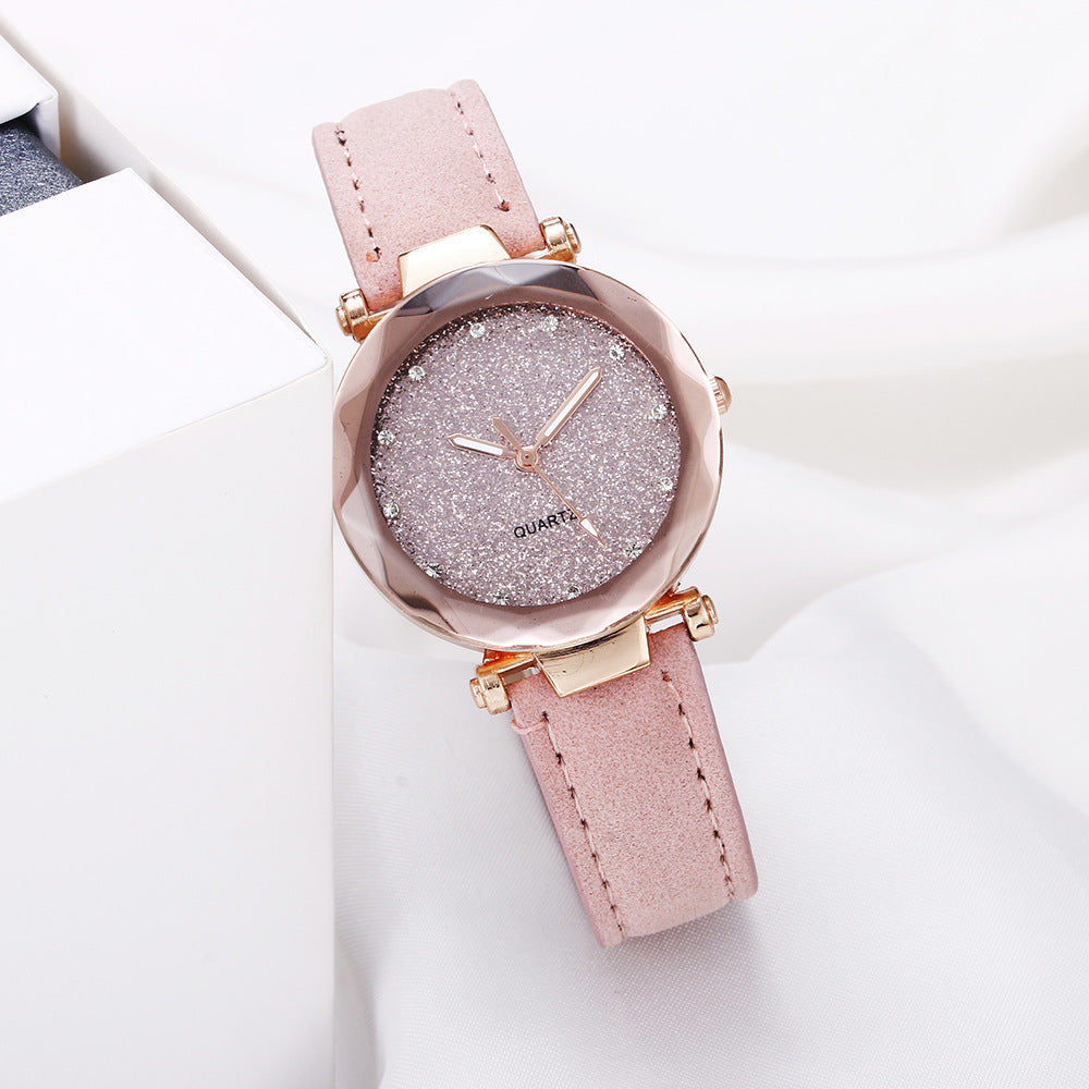 Women Casual Romantic Rhinestone Starry Sky Wrist Watch With Leather Strap