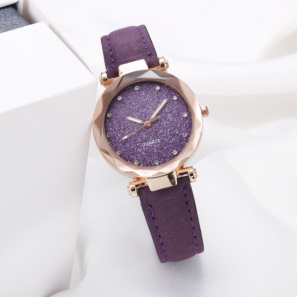 Women Casual Romantic Rhinestone Starry Sky Wrist Watch With Leather Strap
