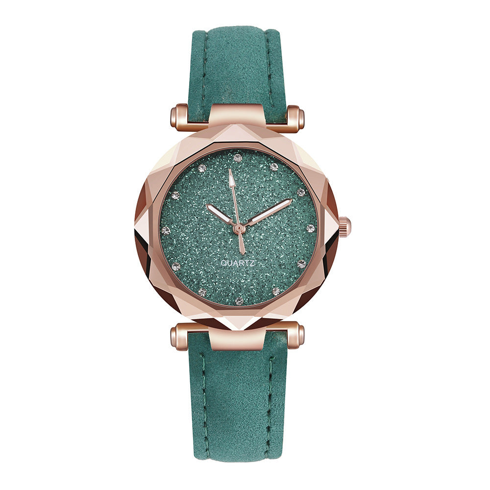 Women Casual Romantic Rhinestone Starry Sky Wrist Watch With Leather Strap