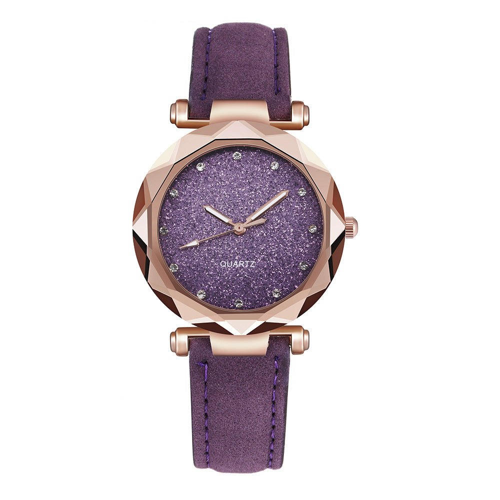 Women Casual Romantic Rhinestone Starry Sky Wrist Watch With Leather Strap
