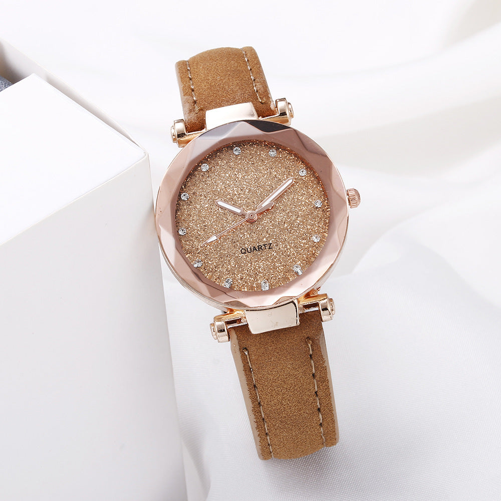 Women Casual Romantic Rhinestone Starry Sky Wrist Watch With Leather Strap