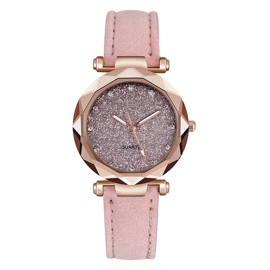 Women Casual Romantic Rhinestone Starry Sky Wrist Watch With Leather Strap