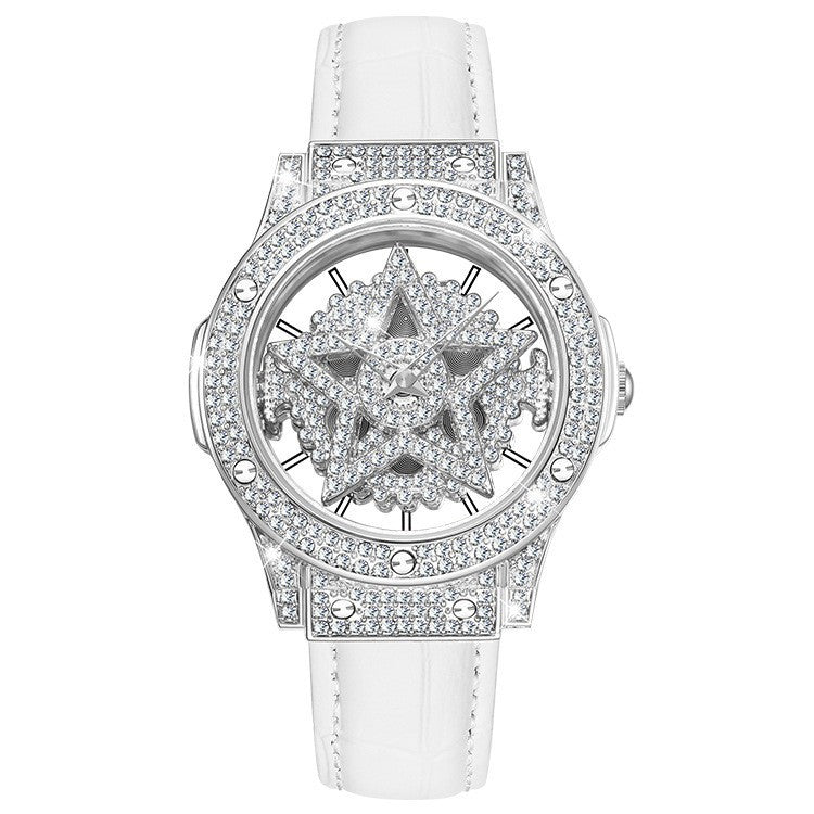 Elegant Diamond Pendant Hollow Out Stars With Leather Strap Wrist Watch For Women