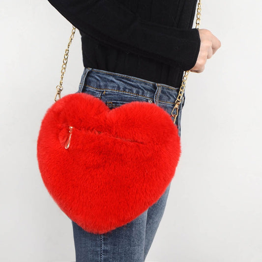Classic Heart Shape Plush Chain Handbag For Women