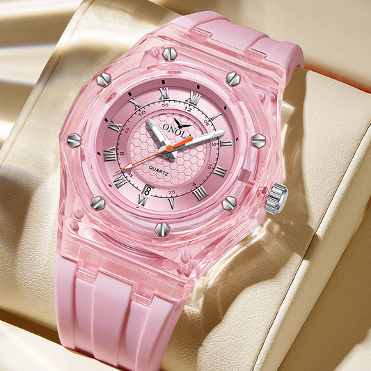 Fashion Neutral Transparent Case Silicone Strap With Luminous Quartz Watch For Women
