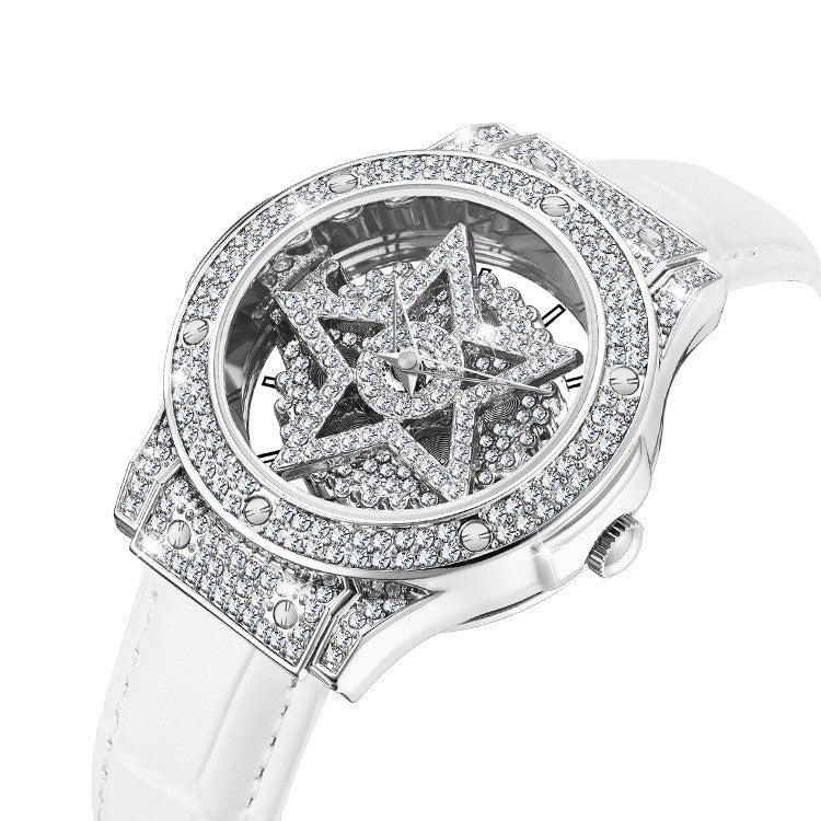 Elegant Diamond Pendant Hollow Out Stars With Leather Strap Wrist Watch For Women