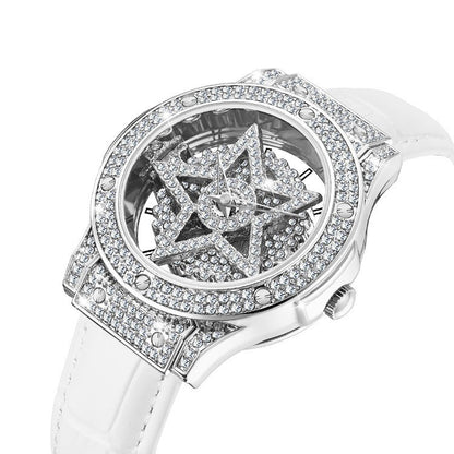 Elegant Diamond Pendant Hollow Out Stars With Leather Strap Wrist Watch For Women
