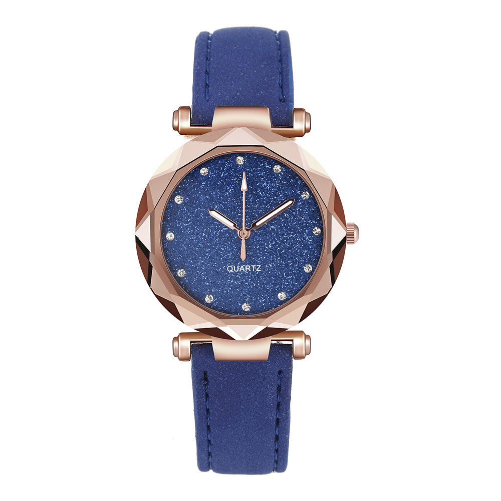 Women Casual Romantic Rhinestone Starry Sky Wrist Watch With Leather Strap
