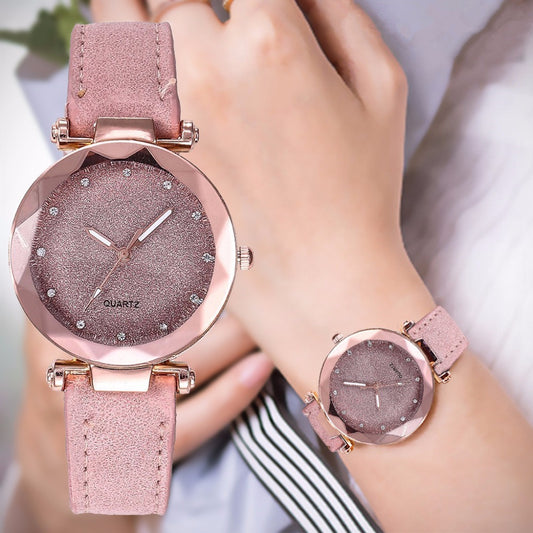 Women Casual Romantic Rhinestone Starry Sky Wrist Watch With Leather Strap