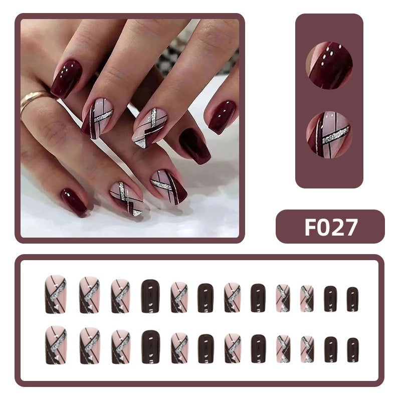 Brown & Pink with Silver Nail Tip Simple Removable Nails