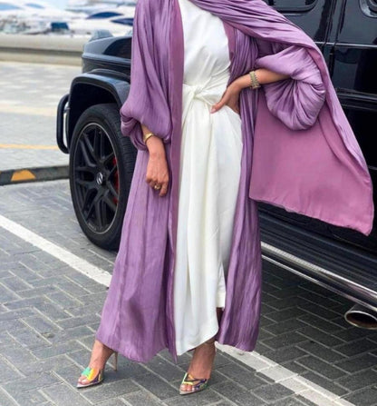 Lavish Plain Satin Shining Silk like With Puff Sleeve Abaya (Burkha,kaftans) For Women