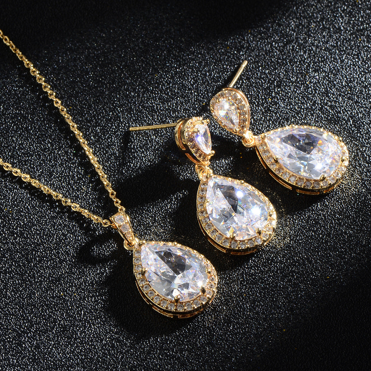 Mycitta 14k Bridal Bright Big Zircon Water Drops Necklace & Earring Jewelry Niche
