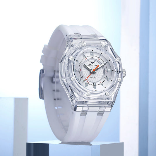 Fashion Neutral Transparent Case Silicone Strap With Luminous Quartz Watch For Women