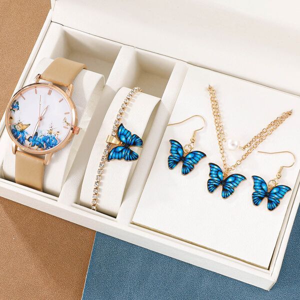 Classic Butterfly Design Watch for Women With Jewellery Set