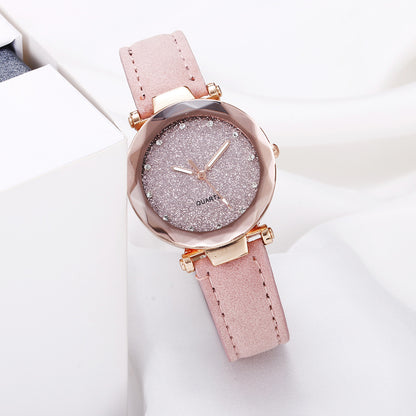 Women Casual Romantic Rhinestone Starry Sky Wrist Watch With Leather Strap