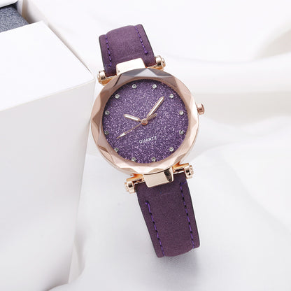 Women Casual Romantic Rhinestone Starry Sky Wrist Watch With Leather Strap