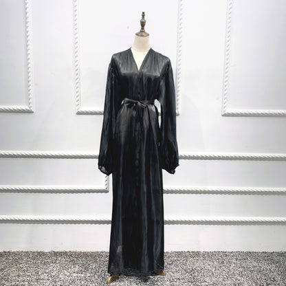 Lavish Plain Satin Shining Silk like With Puff Sleeve Abaya (Burkha,kaftans) For Women