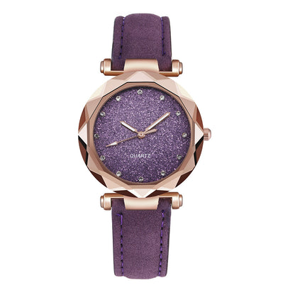 Women Casual Romantic Rhinestone Starry Sky Wrist Watch With Leather Strap