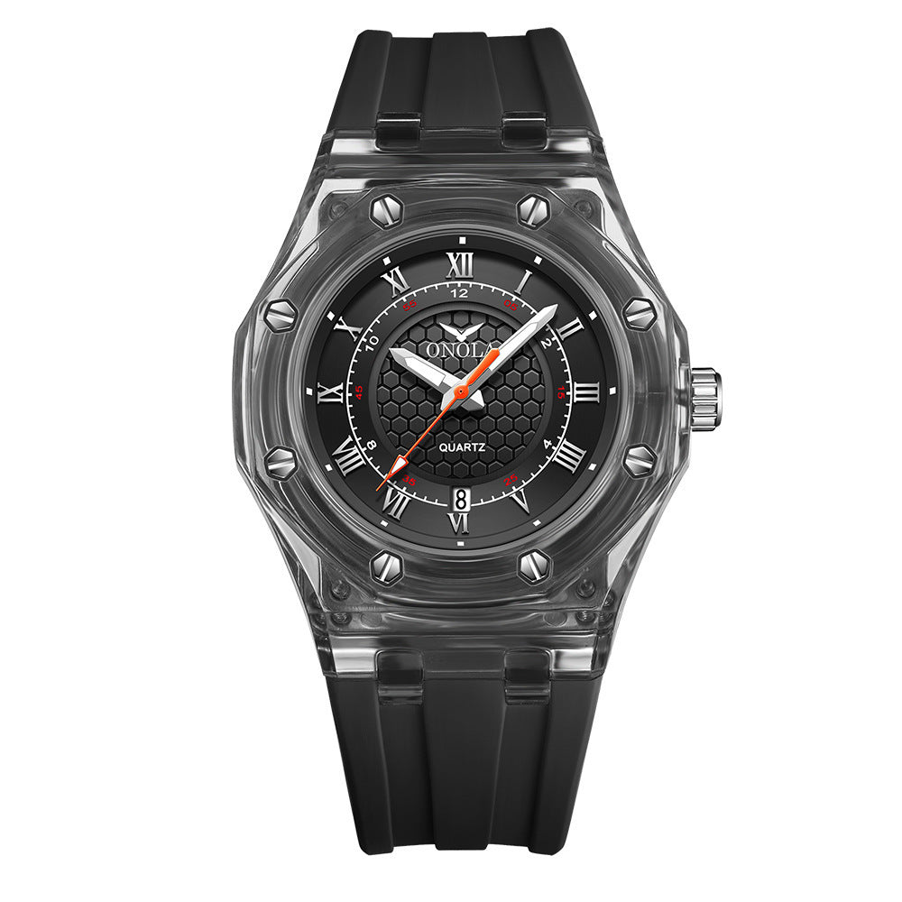 Fashion Neutral Transparent Case Silicone Strap With Luminous Quartz Watch For Women