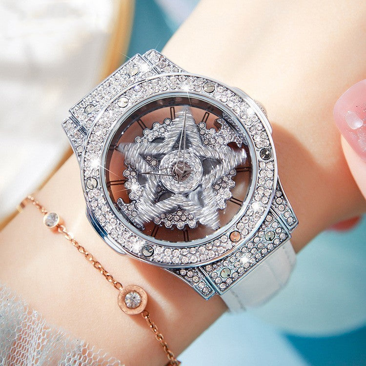 Elegant Diamond Pendant Hollow Out Stars With Leather Strap Wrist Watch For Women