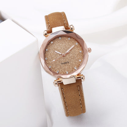 Women Casual Romantic Rhinestone Starry Sky Wrist Watch With Leather Strap
