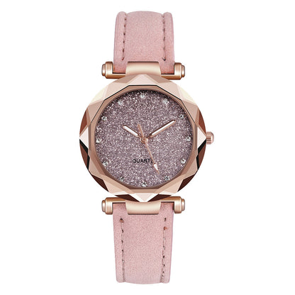 Women Casual Romantic Rhinestone Starry Sky Wrist Watch With Leather Strap