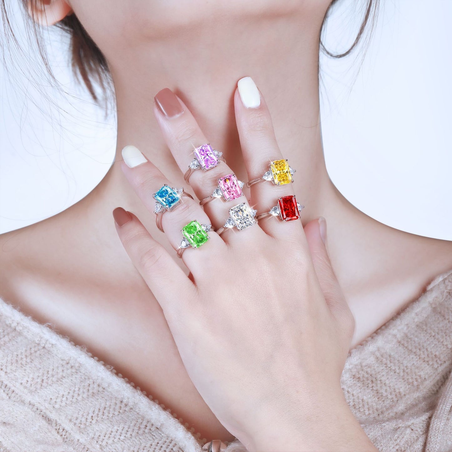 Classic S925 Colorful Rectangular Rhinestone Finger Ring Ins Fashion Love Ring