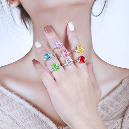 Classic S925 Colorful Rectangular Rhinestone Finger Ring Ins Fashion Love Ring