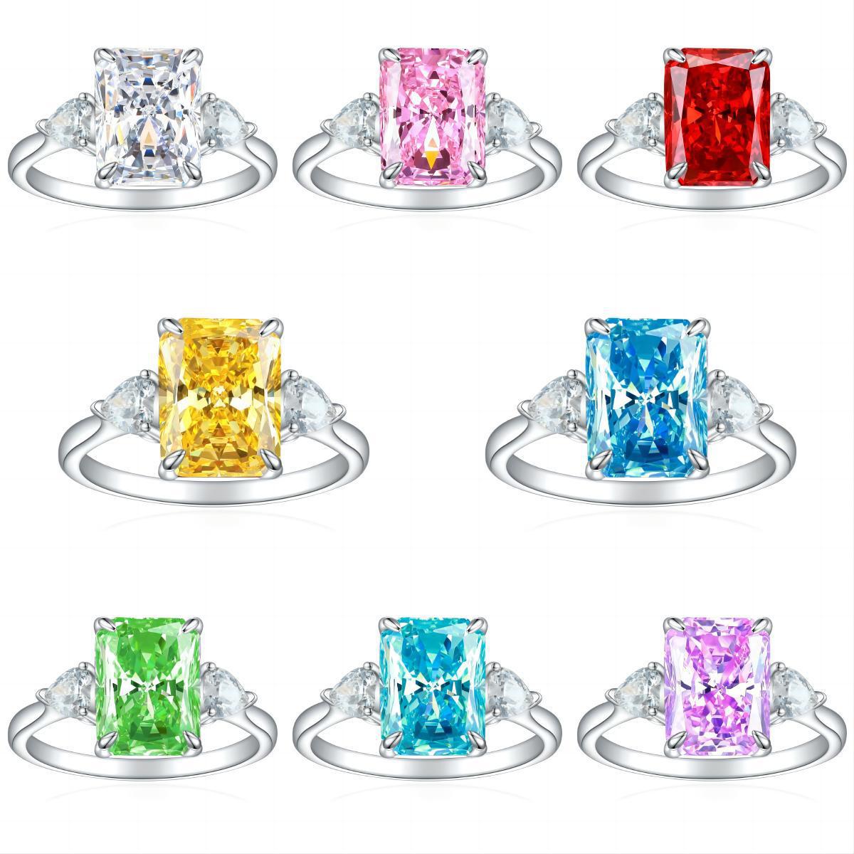 Classic S925 Colorful Rectangular Rhinestone Finger Ring Ins Fashion Love Ring
