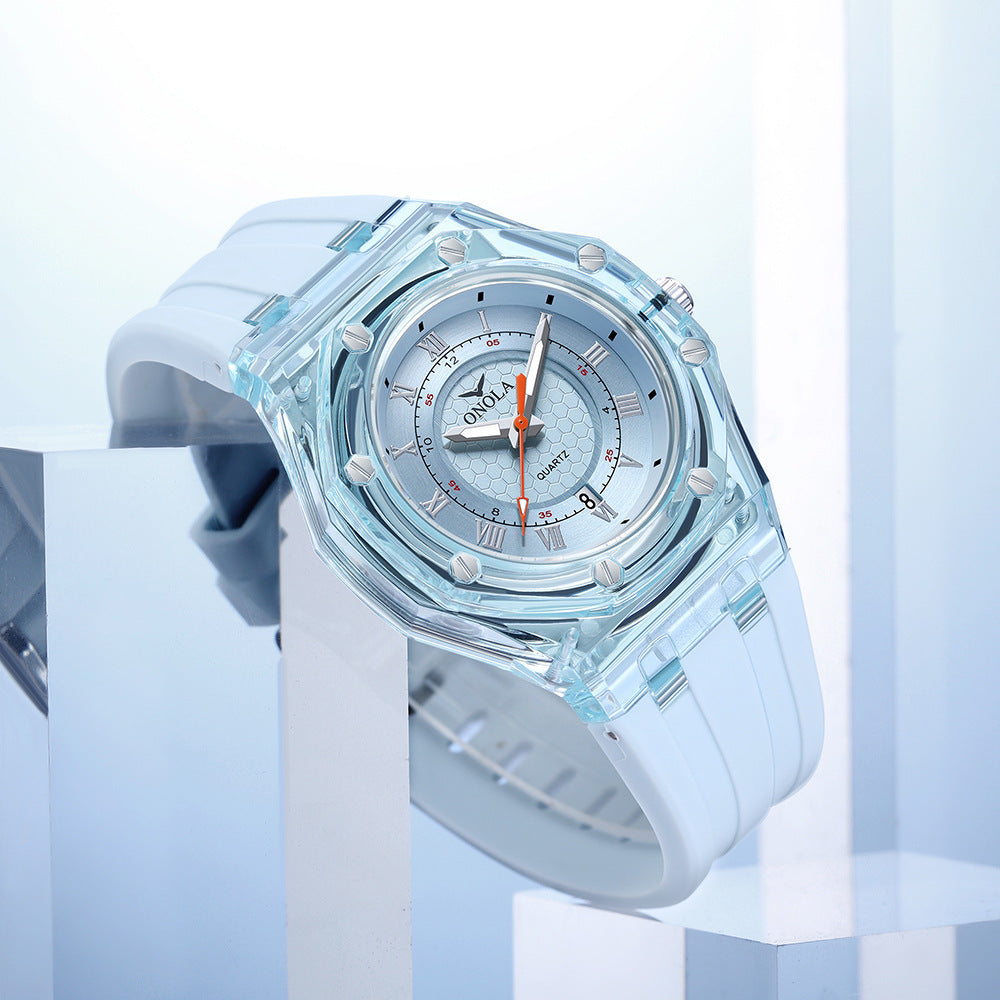 Fashion Neutral Transparent Case Silicone Strap With Luminous Quartz Watch For Women