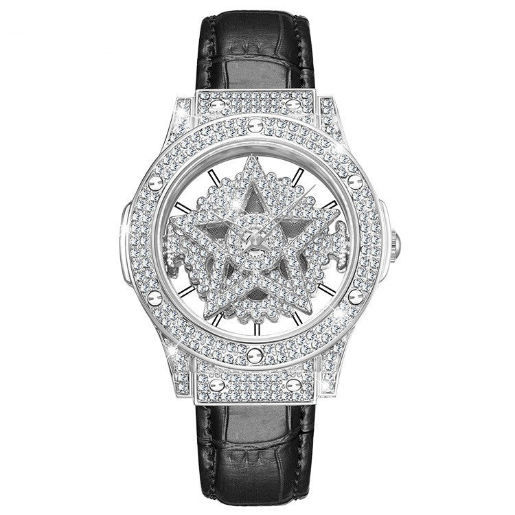Elegant Diamond Pendant Hollow Out Stars With Leather Strap Wrist Watch For Women