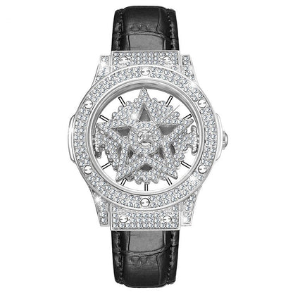 Elegant Diamond Pendant Hollow Out Stars With Leather Strap Wrist Watch For Women
