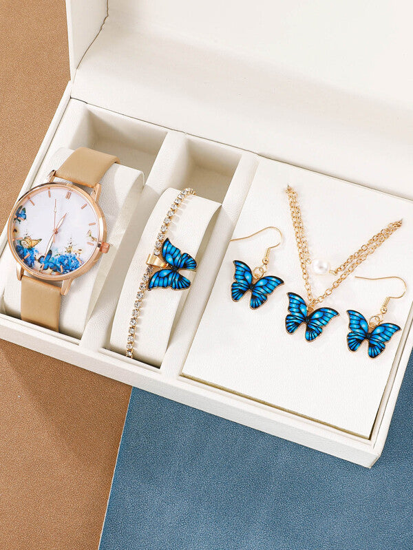 Classic Butterfly Design Watch for Women With Jewellery Set