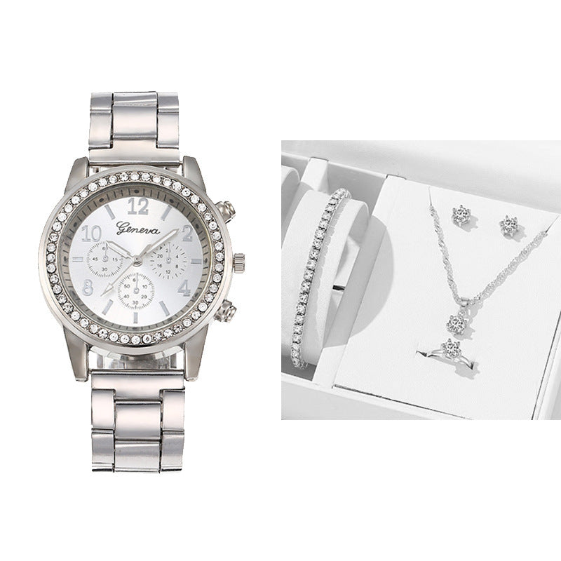 Elegant Crystal Diamond Quartz Watch For Women With Jewellery Set