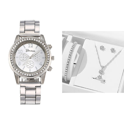 Elegant Crystal Diamond Quartz Watch For Women With Jewellery Set