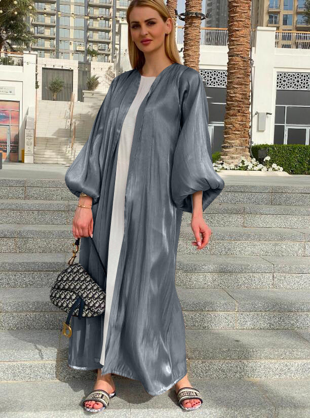 Lavish Plain Satin Shining Silk like With Puff Sleeve Abaya (Burkha,kaftans) For Women