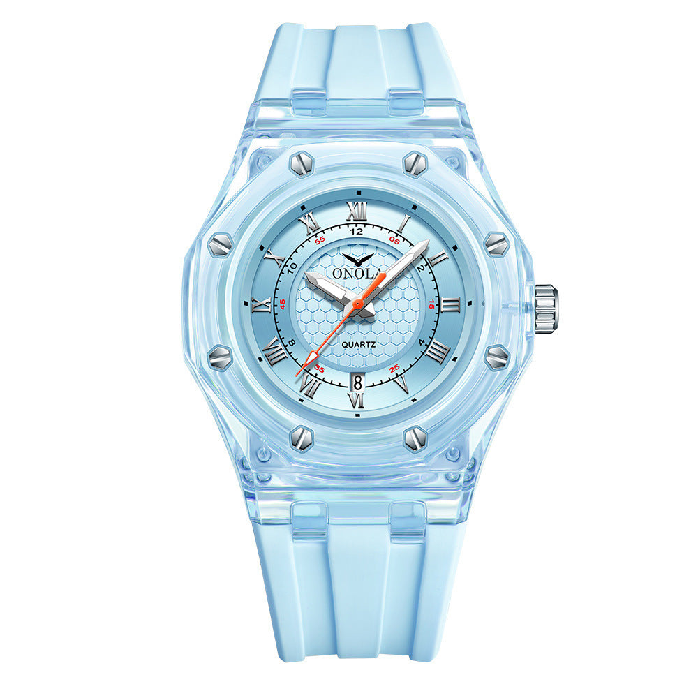 Fashion Neutral Transparent Case Silicone Strap With Luminous Quartz Watch For Women