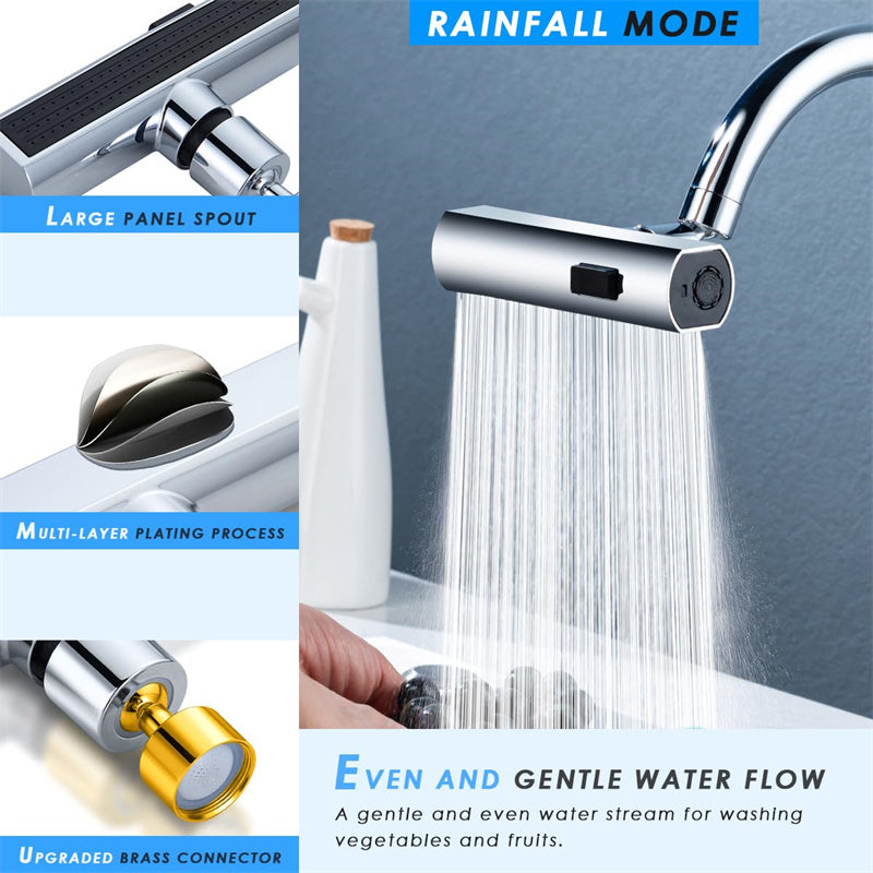 Multi-Functional Stainless-Steel 3-in-1 Faucet Waterfall Outlet Splash Proof Universal Rotating Bubbler Water Nozzle Extension