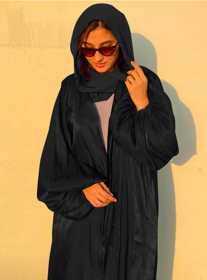Lavish Plain Satin Shining Silk like With Puff Sleeve Abaya (Burkha,kaftans) For Women