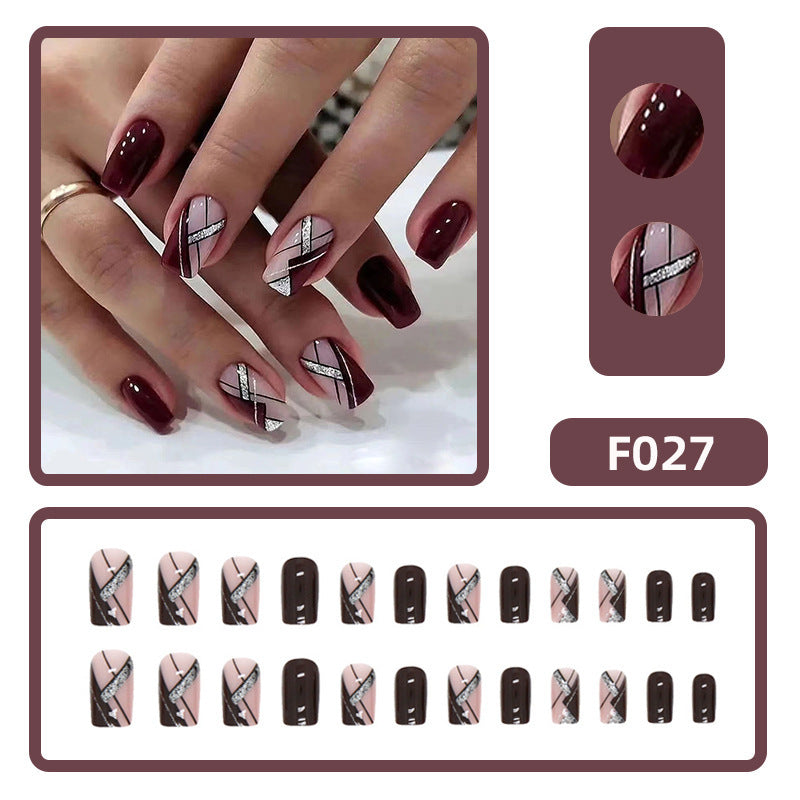 Brown & Pink with Silver Nail Tip Simple Removable Nails