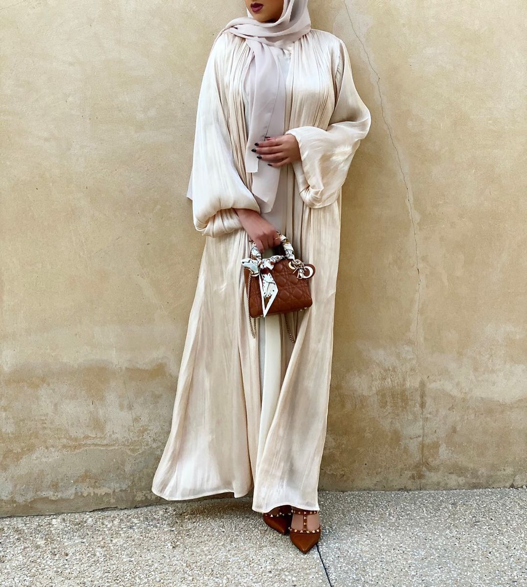 Lavish Plain Satin Shining Silk like With Puff Sleeve Abaya (Burkha,kaftans) For Women