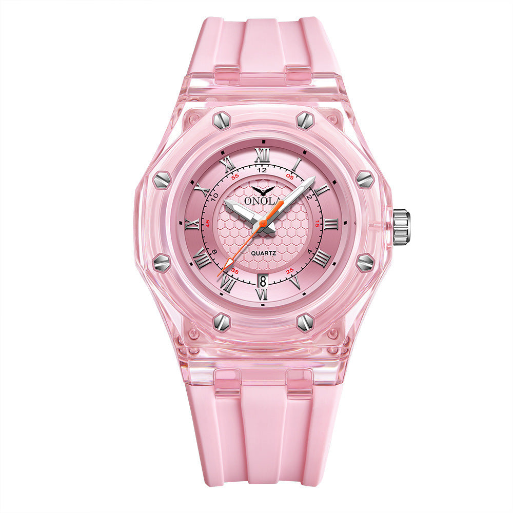 Fashion Neutral Transparent Case Silicone Strap With Luminous Quartz Watch For Women